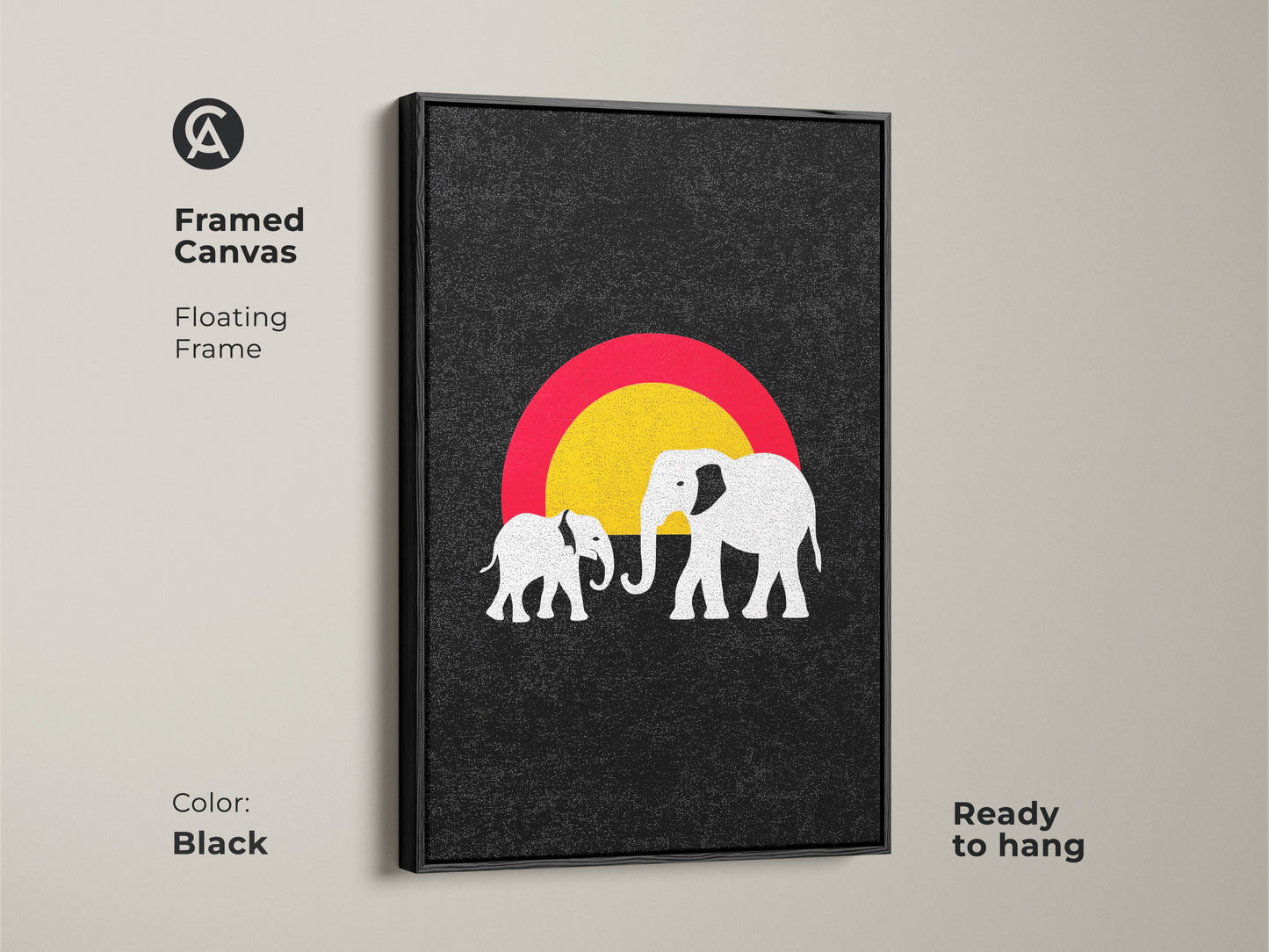 Black framed canvas featuring minimalist elephant artwork. This abstract sun art print is ready to hang. The black frame enhances its modern appeal. Ideal wildlife wall art. Perfect for an eclectic animal lover gift.