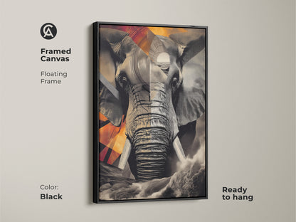 Framed canvas art with a floating frame showcasing an abstract elephant. The black frame enhances the monochrome artwork with geometric patterns. This piece is ready to hang and adds a sophisticated touch to any study or living space. A perfect blend of modern and nature.