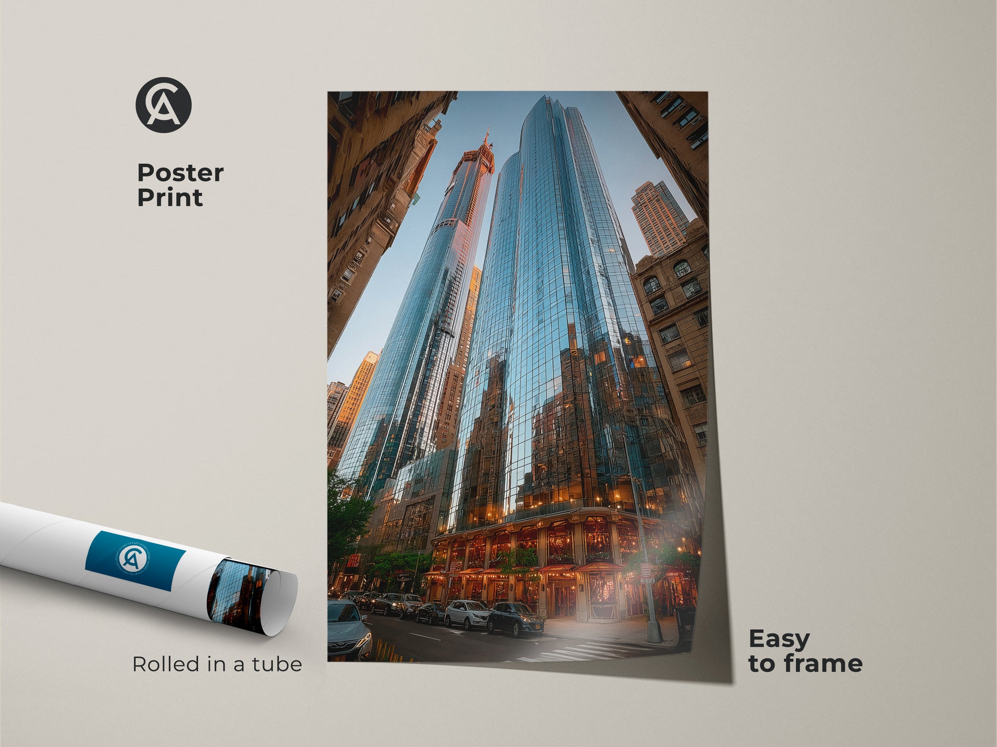 Blue cityscape art as a poster print. This modern skyscraper canvas offers easy framing. It is rolled in a tube for protection. Ideal for contemporary architecture decor and urban street scene prints. Enhance your office building art today.