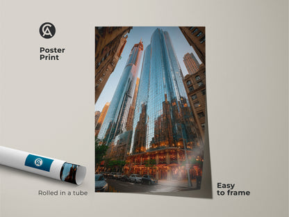 Blue cityscape art as a poster print. This modern skyscraper canvas offers easy framing. It is rolled in a tube for protection. Ideal for contemporary architecture decor and urban street scene prints. Enhance your office building art today.