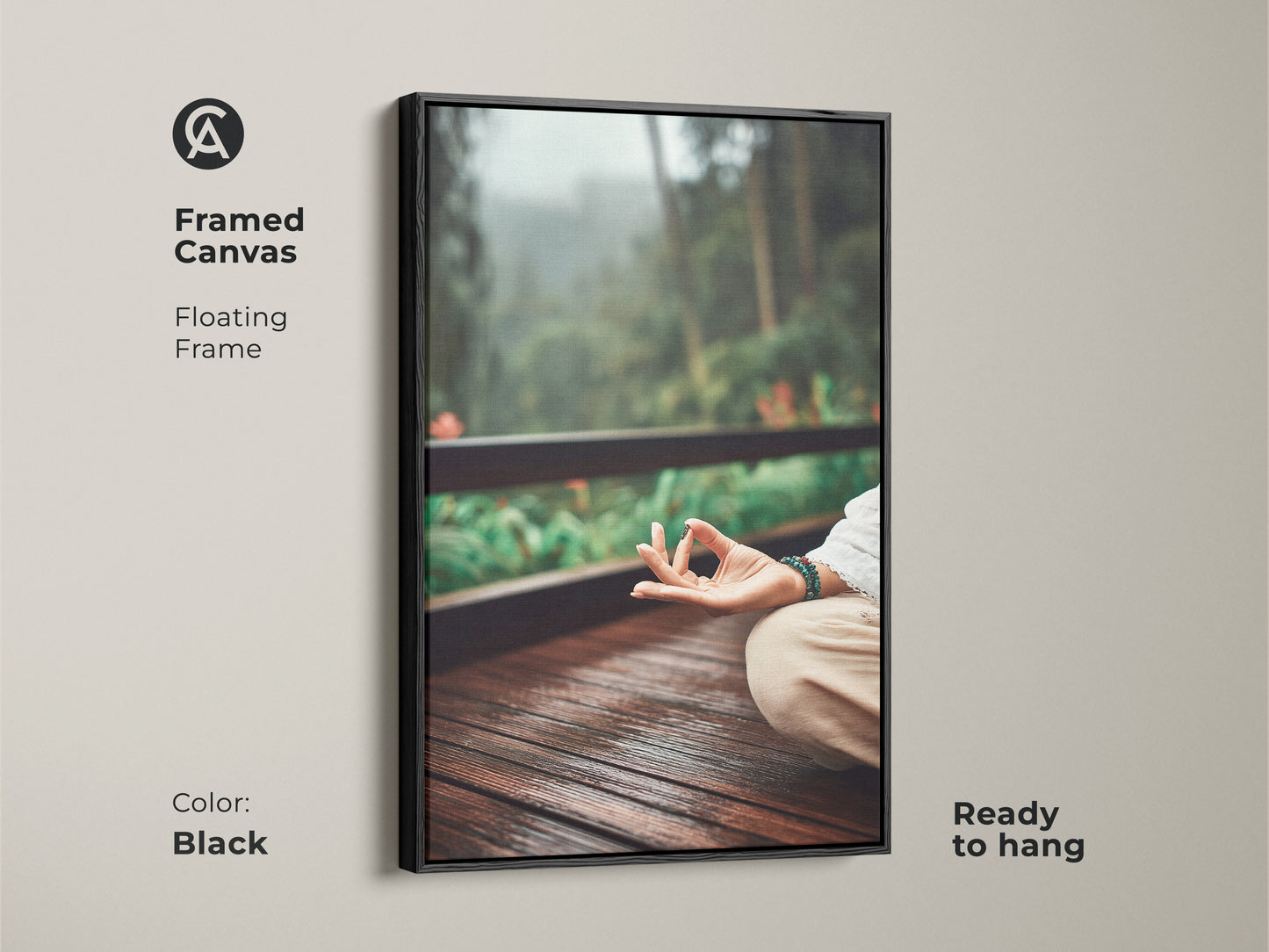 Framed Canvas artwork displaying a meditation pose with a black floating frame. This boho meditation wall art is ready to hang. An earth tone yoga print that adds a touch of nature. Perfect for a calm living room or yoga studio.