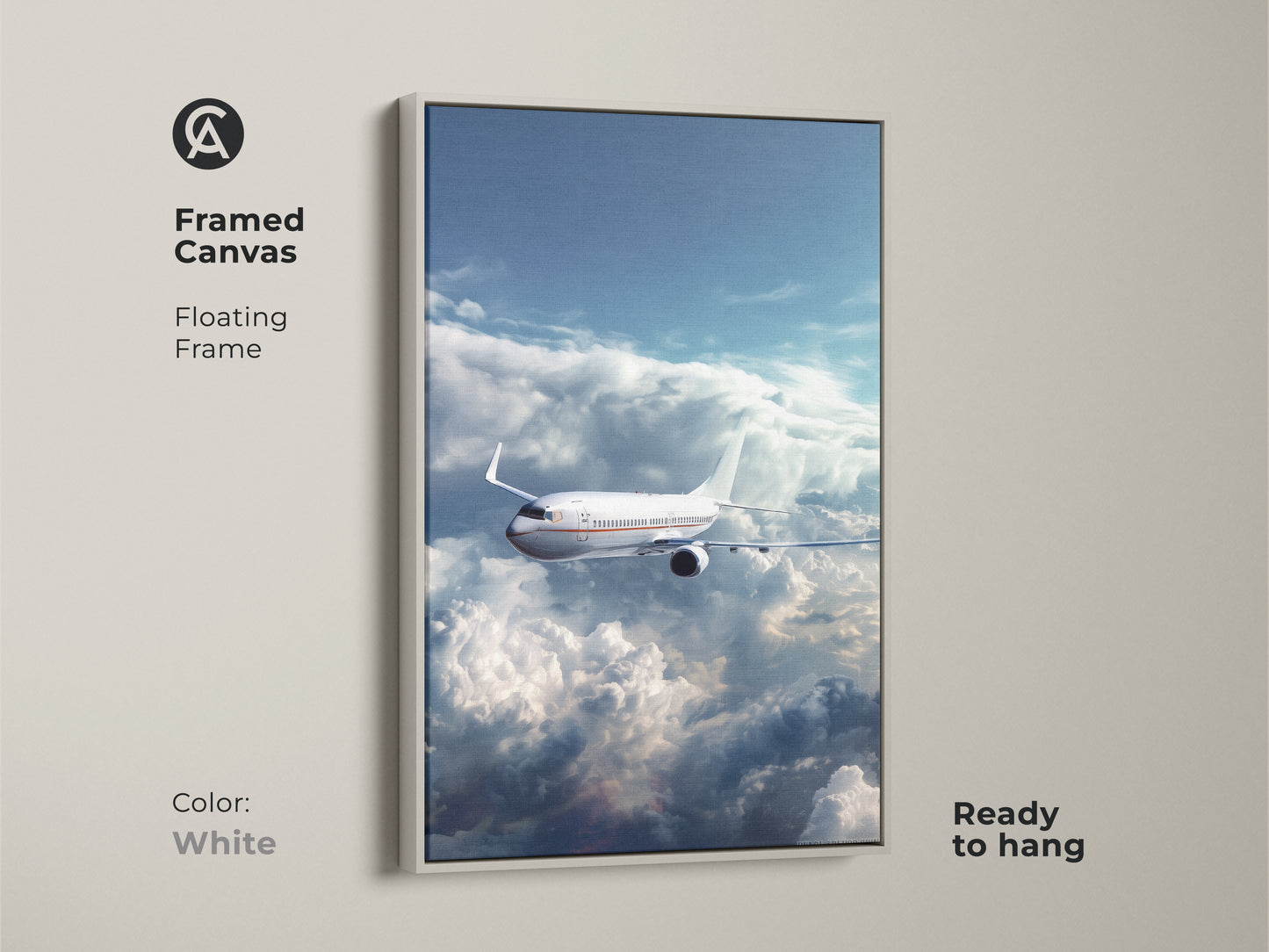 Framed canvas of an airplane flying through clouds. This aviation artwork has a white floating frame and is ready to hang. It is a modern sky blue airplane print. Perfect for office decor or a travel gift.