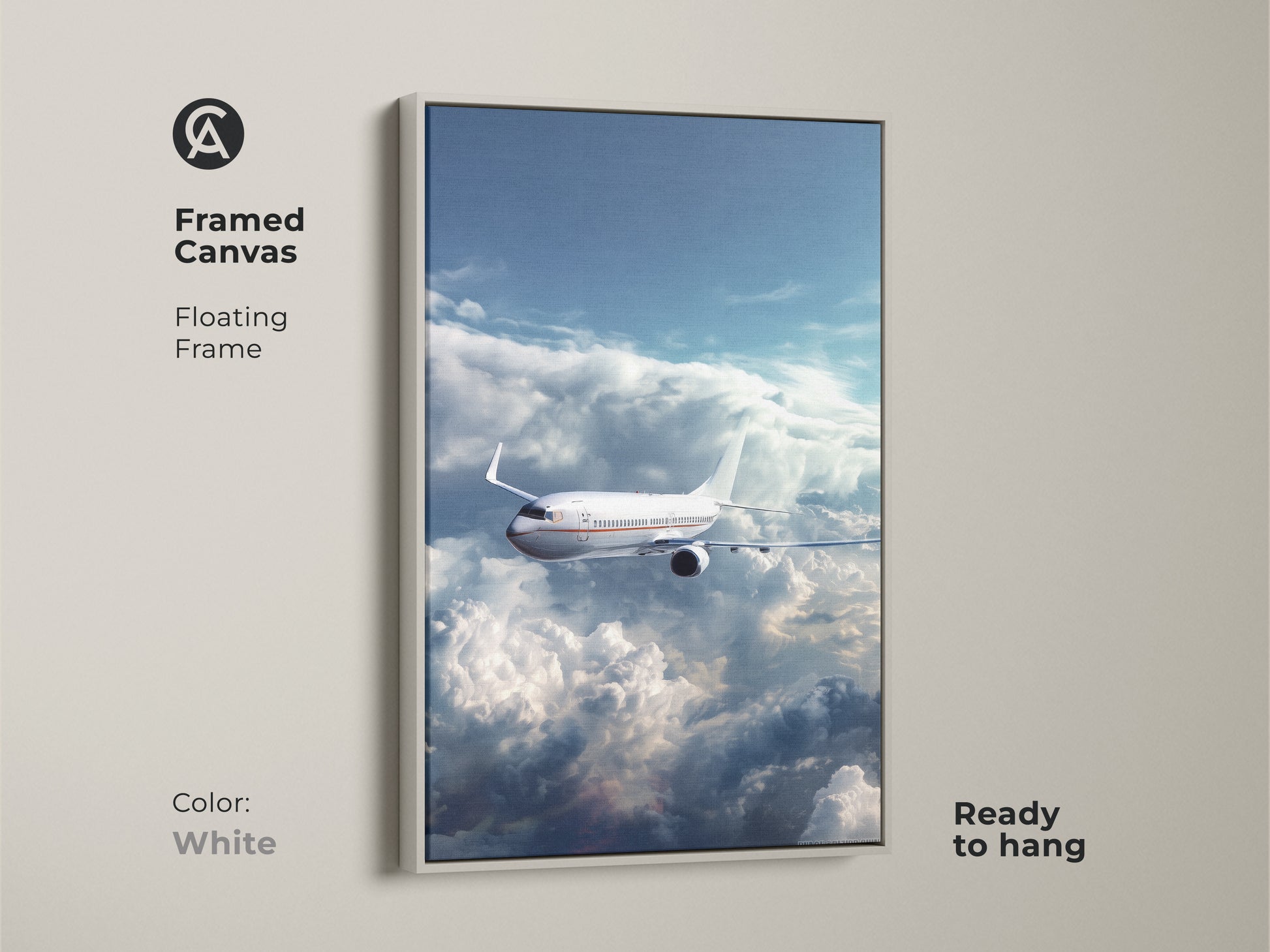 Framed canvas of an airplane flying through clouds. This aviation artwork has a white floating frame and is ready to hang. It is a modern sky blue airplane print. Perfect for office decor or a travel gift.