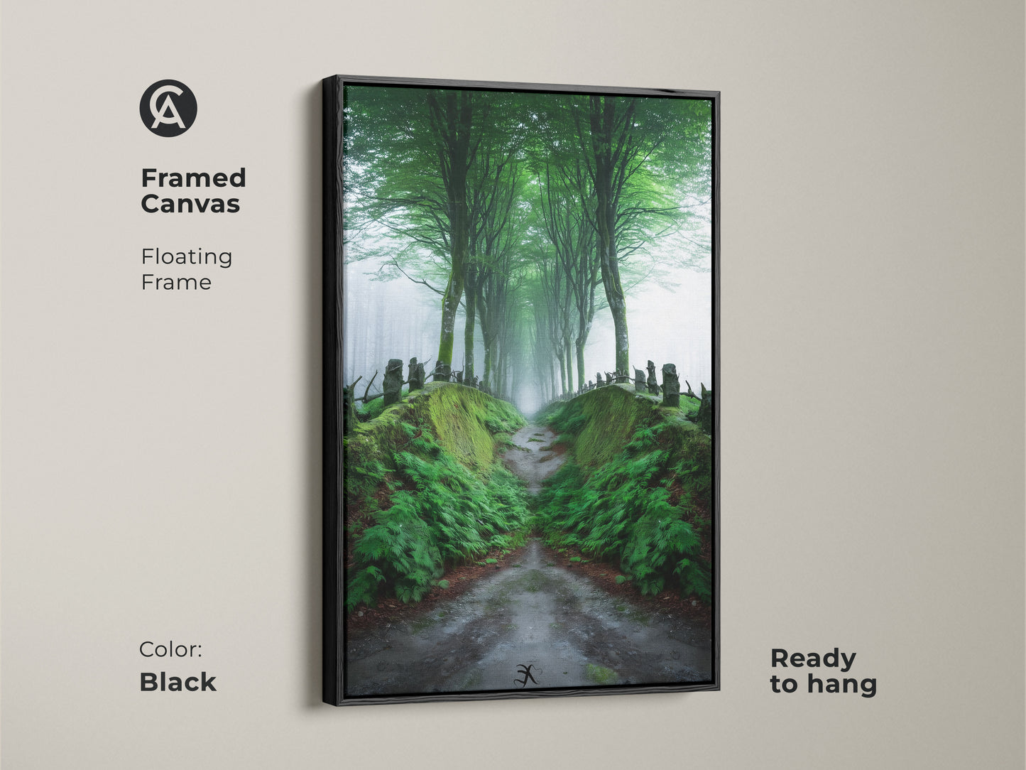 Framed canvas art of a misty forest path with a black floating frame. The emerald green tree-lined road creates a Scandinavian woodland landscape. Ready to hang this nature wall decor brings tranquility to your home. A perfect housewarming gift.