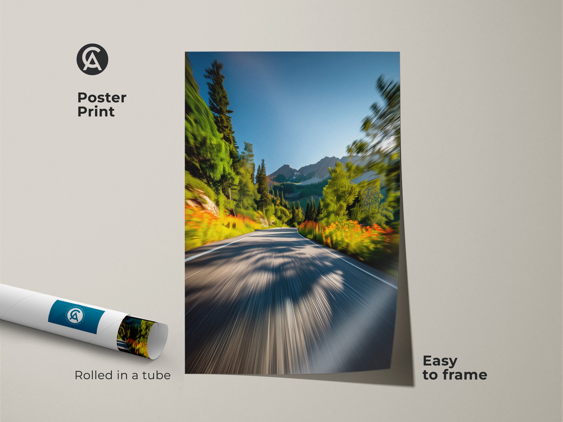 Poster print of a scenic mountain road. This easy-to-frame artwork captures a road leading to snow-capped mountains. The vibrant colors of the trees and flowers bring life to any room. Rolled in a tube for protection.