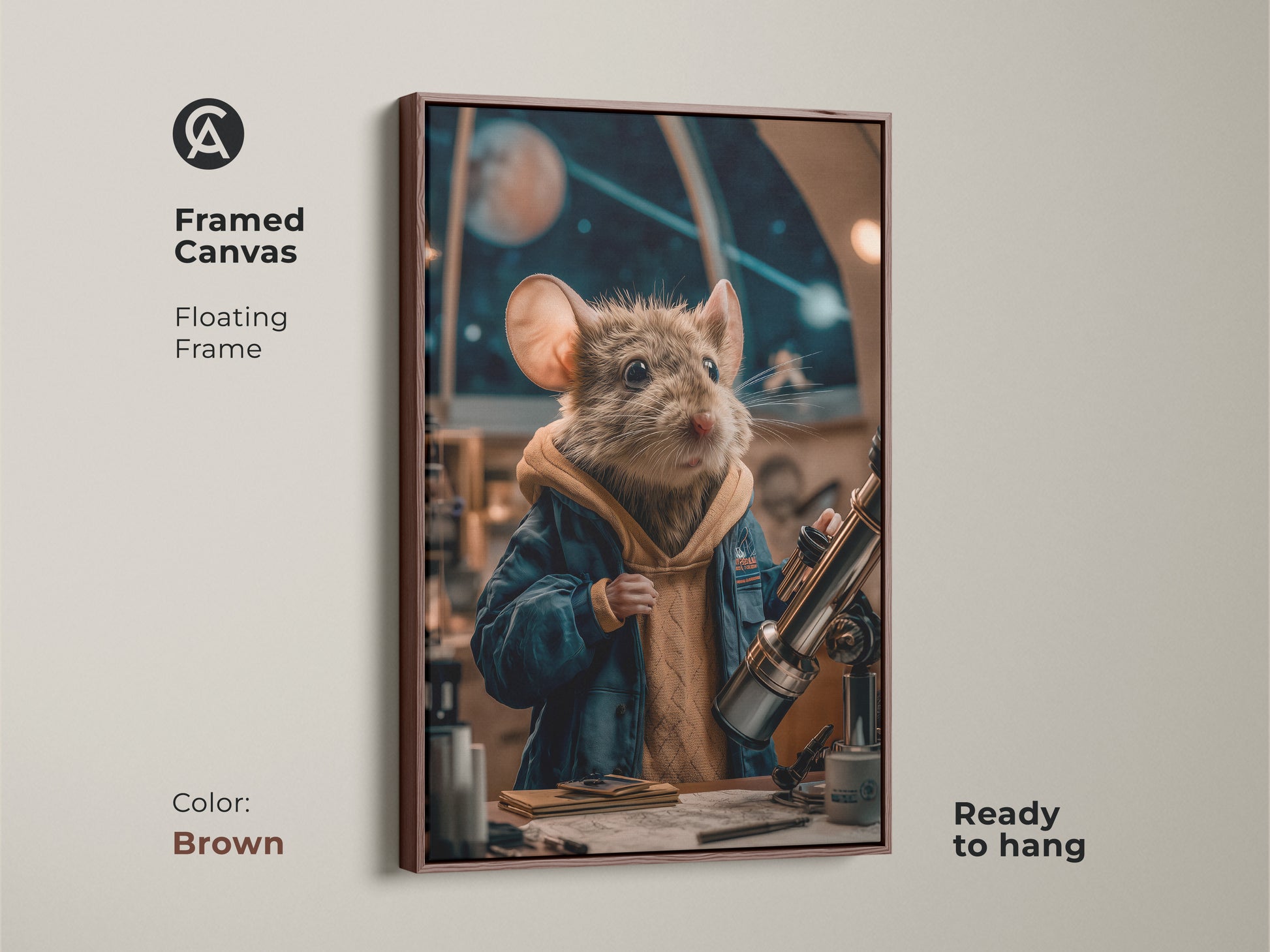 The framed canvas in brown shows a mouse astronomer. Ready to hang this eclectic animal astronaut print suits many spaces. The cosmic theme art brings a touch of science. It is perfect for a creative workspace art.
