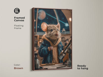 The framed canvas in brown shows a mouse astronomer. Ready to hang this eclectic animal astronaut print suits many spaces. The cosmic theme art brings a touch of science. It is perfect for a creative workspace art.