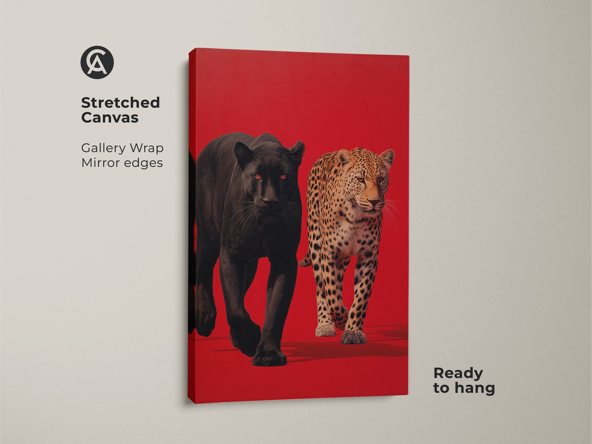 Stretched canvas art showcasing a black panther and leopard. The gallery-wrapped canvas features mirror edges. This ready-to-hang artwork brings a touch of the wild to your home decor. Explore our animal print collection