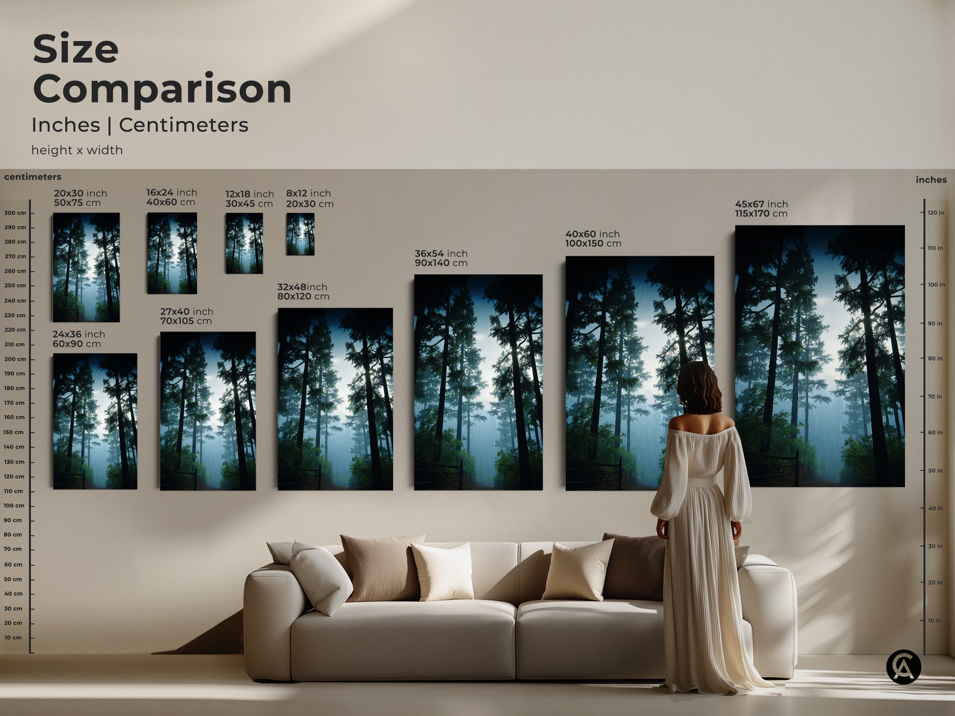 Size comparison of rustic forest artwork in inches and centimeters. See how the deep green canvas looks above a sofa. Choose the ideal size for your nature inspired wall decor.