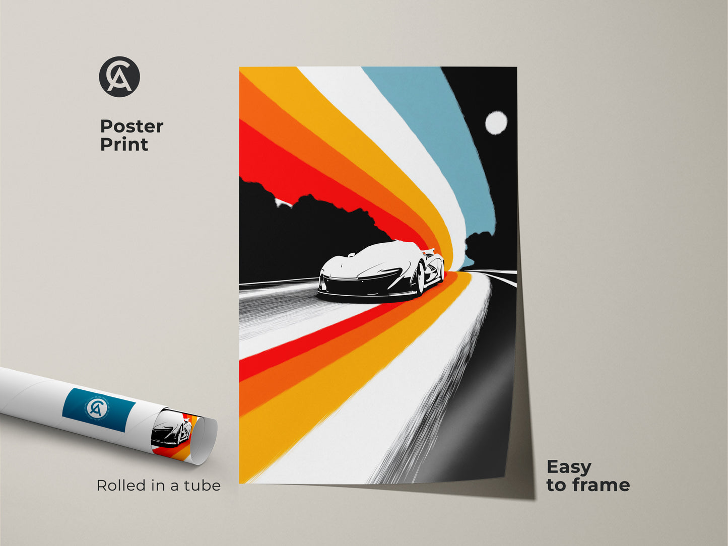 Poster print displaying a retro sports car with abstract speed lines. This mid-century modern artwork comes rolled in a tube for easy framing. The orange yellow red abstract art adds color to any space. It's a cool retro car painting.