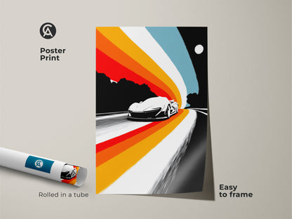 Poster print displaying a retro sports car with abstract speed lines. This mid-century modern artwork comes rolled in a tube for easy framing. The orange yellow red abstract art adds color to any space. It's a cool retro car painting.
