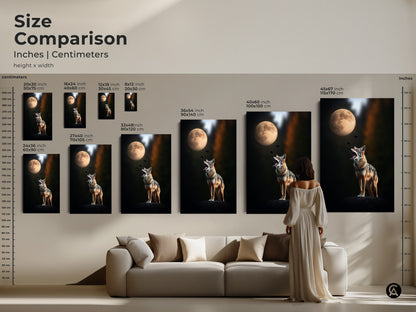 Size comparison featuring wildlife canvas print with a coyote howling at the moon. See various sizes in inches and centimeters displayed above a couch. Get inspired to decorate your space with this surreal animal art print. It's a great housewarming gift for any animal lover.