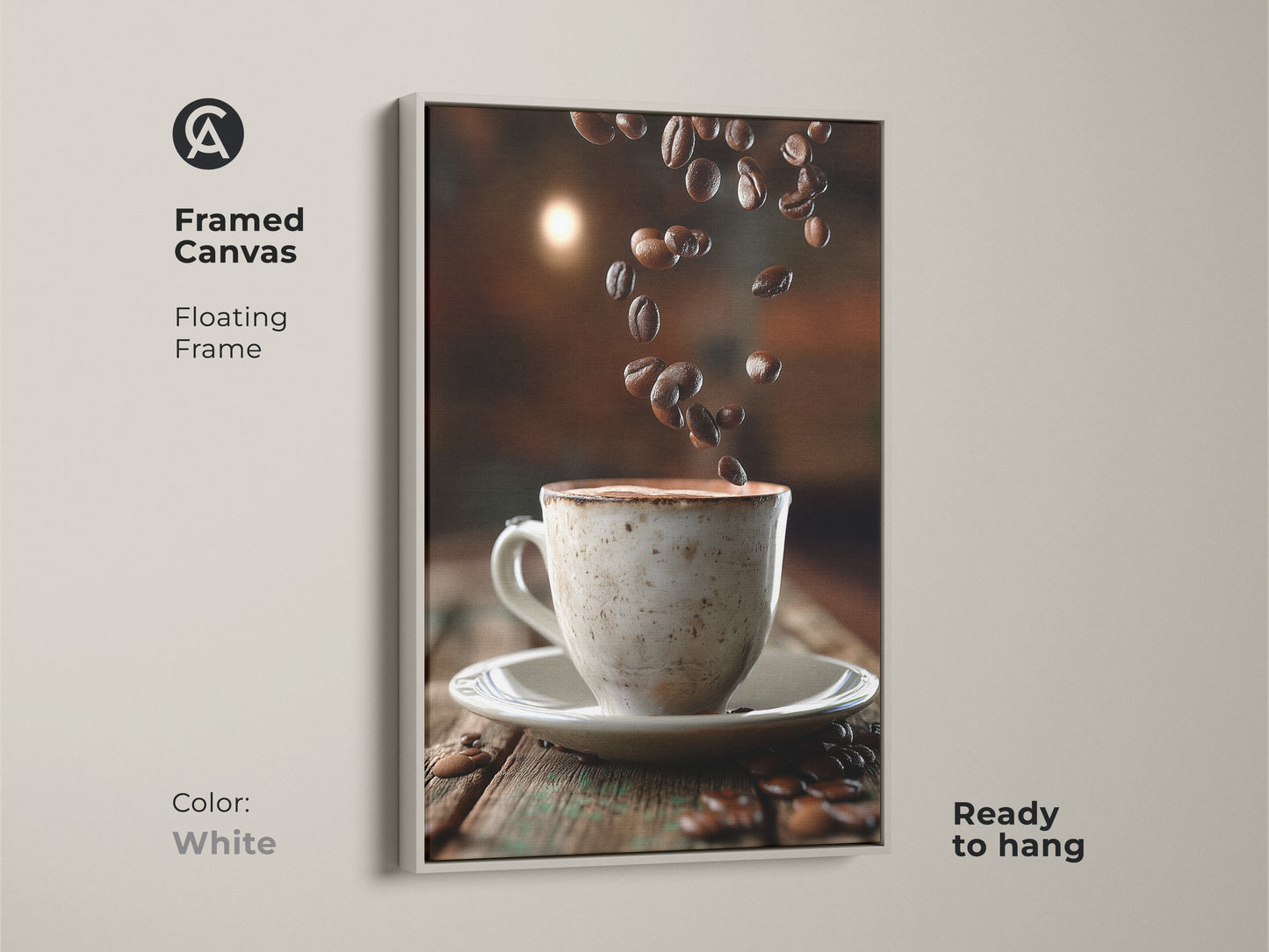 Framed canvas art of coffee cup and falling beans. White floating frame offers a clean look. Ready to hang this rustic kitchen wall art. Perfect for modern farmhouse decor.