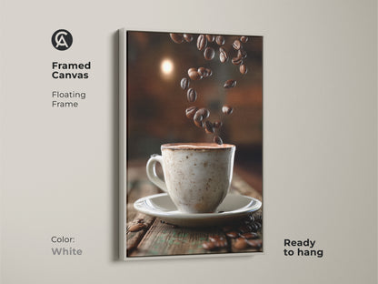 Framed canvas art of coffee cup and falling beans. White floating frame offers a clean look. Ready to hang this rustic kitchen wall art. Perfect for modern farmhouse decor.