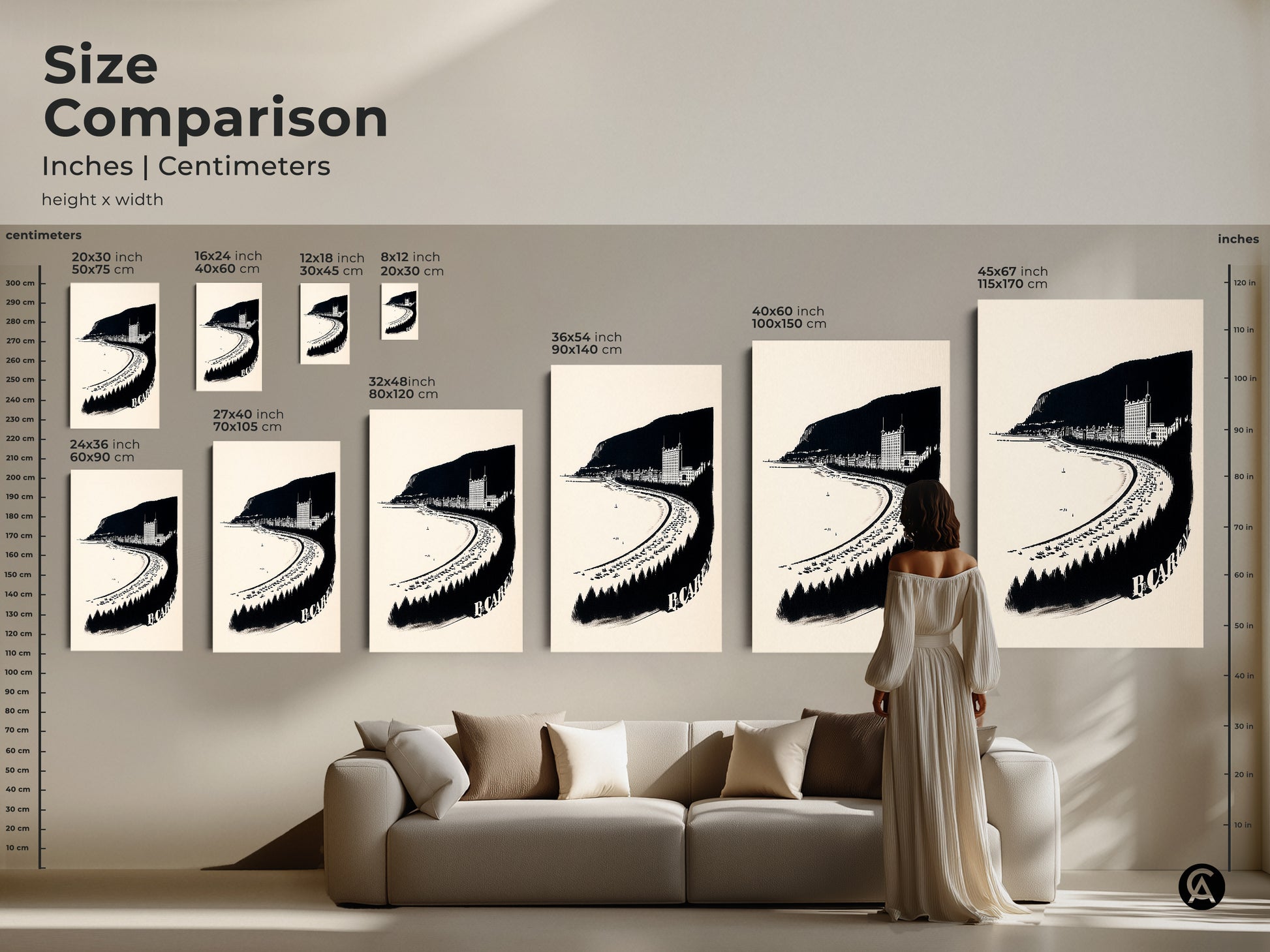 Size comparison of vintage coastal town artwork in inches and centimeters. Black and white graphic art for neutral decor. Travel enthusiast gift canvas wall art.