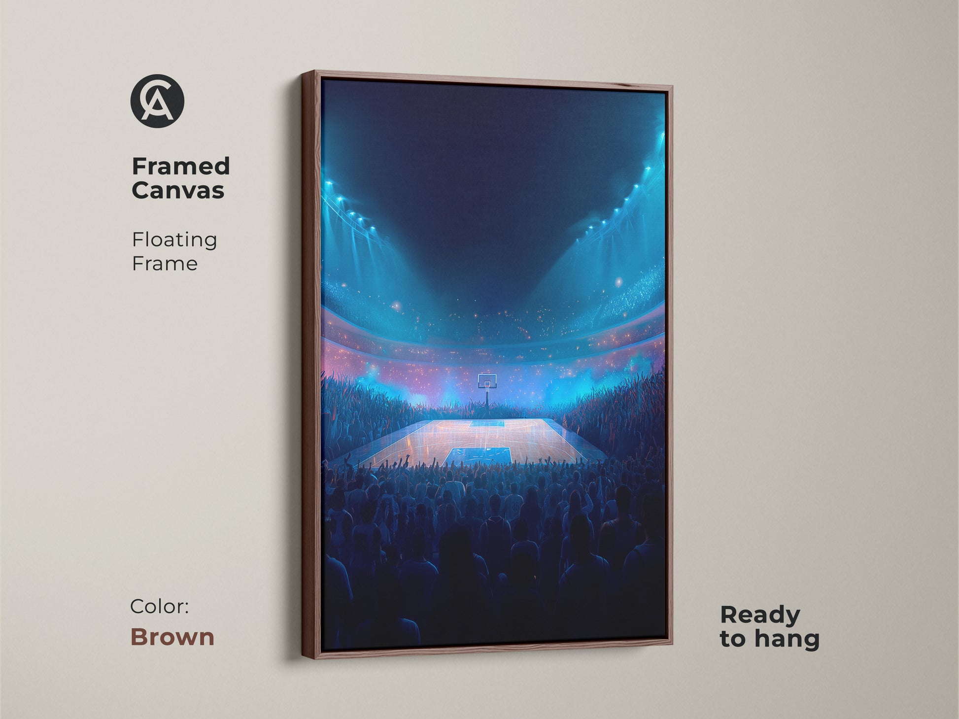 Framed canvas with a brown floating frame. The basketball arena artwork is ready to hang. It brings the thrill of the game to your walls. A great addition to any room. Celebrate your love for basketball with this artwork.