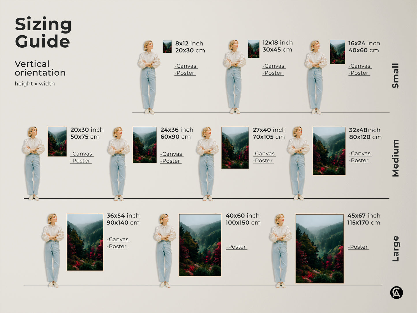 Sizing guide for vertical landscape art prints. Available as canvas or poster. Find the perfect fit for your space. Discover small medium and large sizes to complement your home decor today.