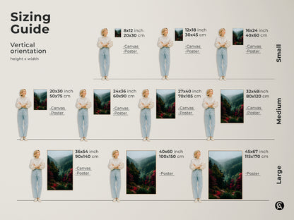 Sizing guide for vertical landscape art prints. Available as canvas or poster. Find the perfect fit for your space. Discover small medium and large sizes to complement your home decor today.