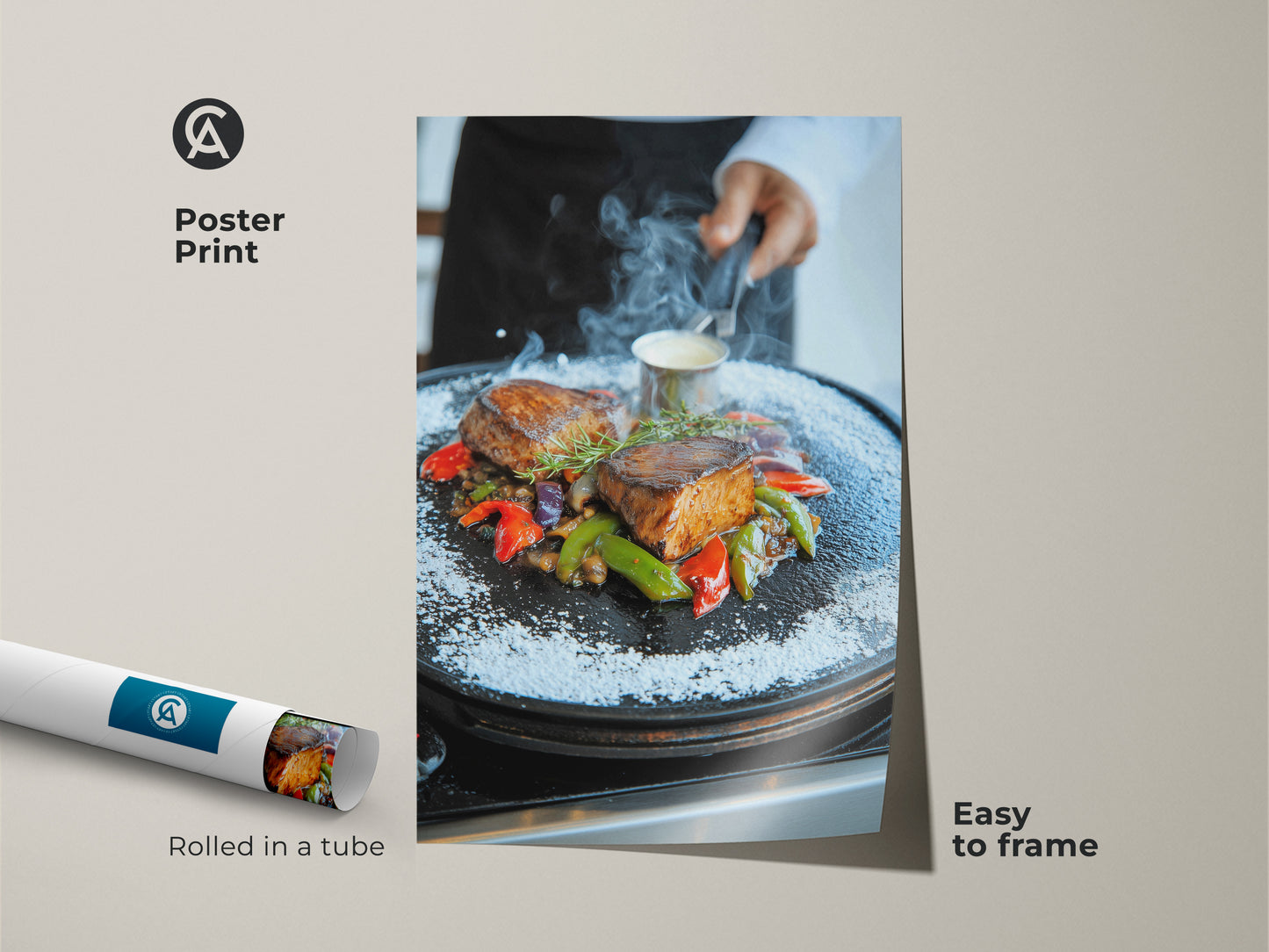 Poster Print of a Photorealistic Filet Mignon. Easy to frame this culinary art print brings a gourmet touch to any space. The savory steak and vegetable artwork is perfect for dining room decor. Rolled in a tube for protection.