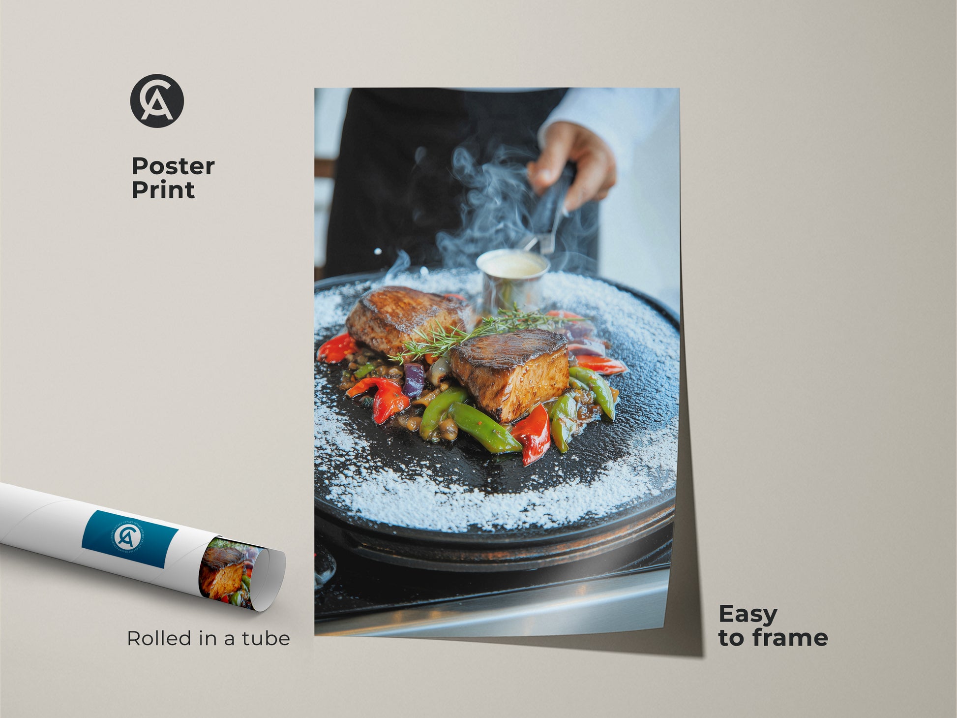 Poster Print of a Photorealistic Filet Mignon. Easy to frame this culinary art print brings a gourmet touch to any space. The savory steak and vegetable artwork is perfect for dining room decor. Rolled in a tube for protection.