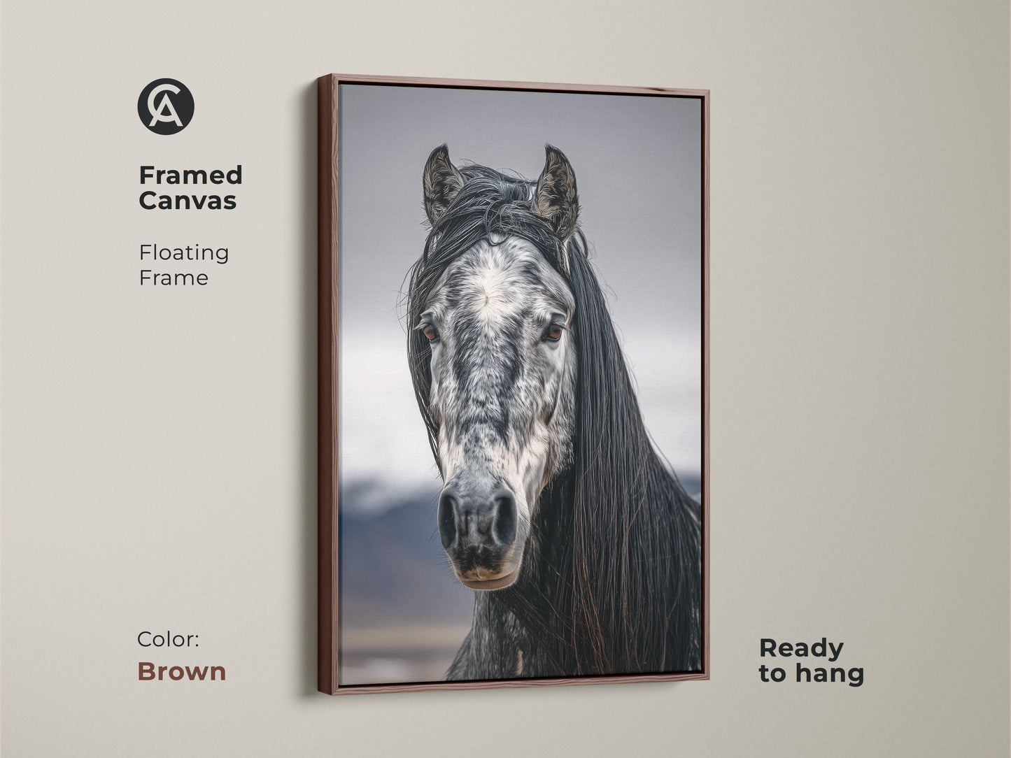 Framed canvas with a floating frame in brown. Black and white horse art for rustic bedroom wall decor. Ready to hang equestrian gift for her. Photorealistic horse canvas print.
