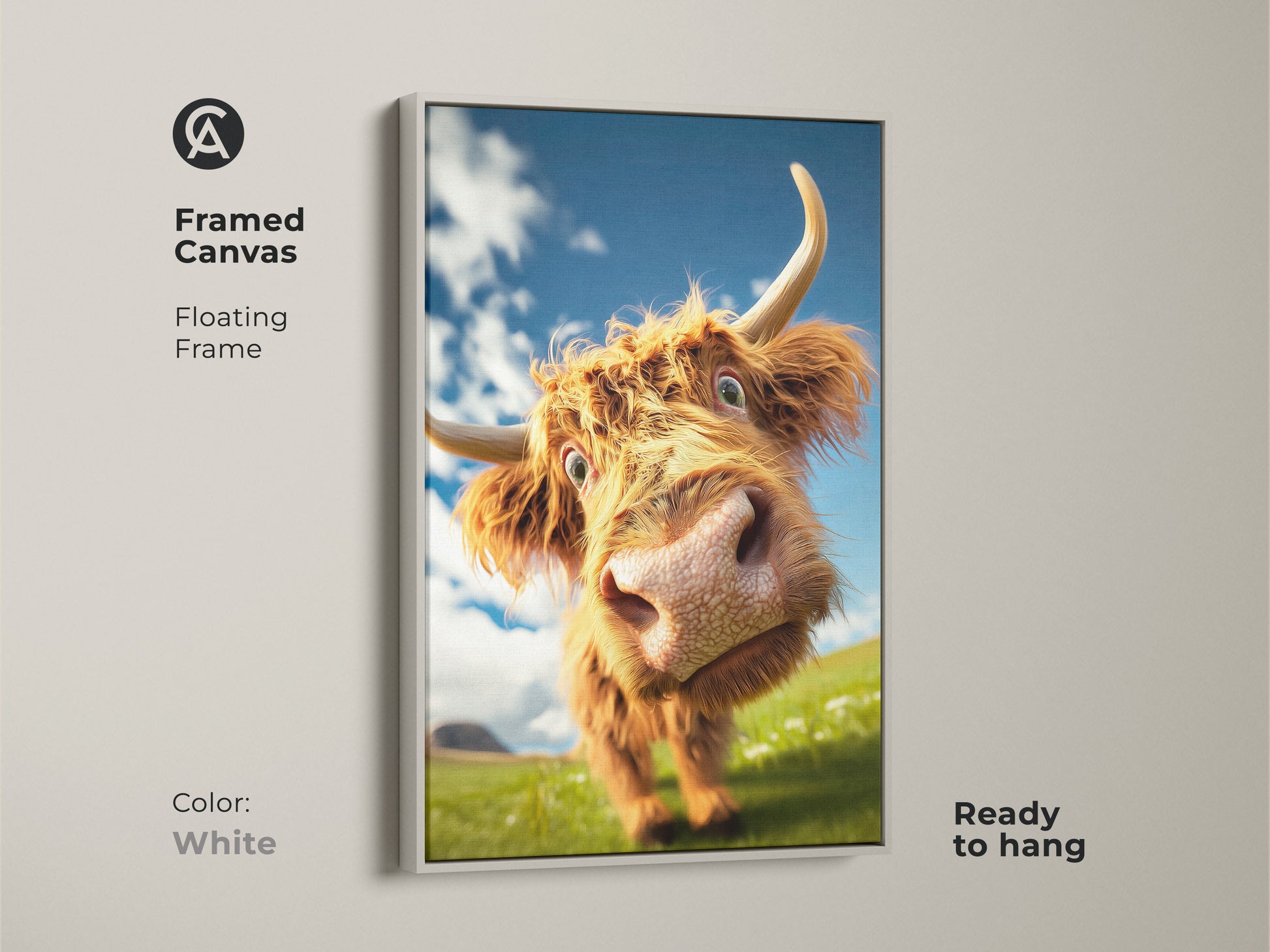 Framed Canvas with white floating frame of a cute highland cow face. This country bedroom decor is ready to hang. Animal lover gift idea with blue sky art.