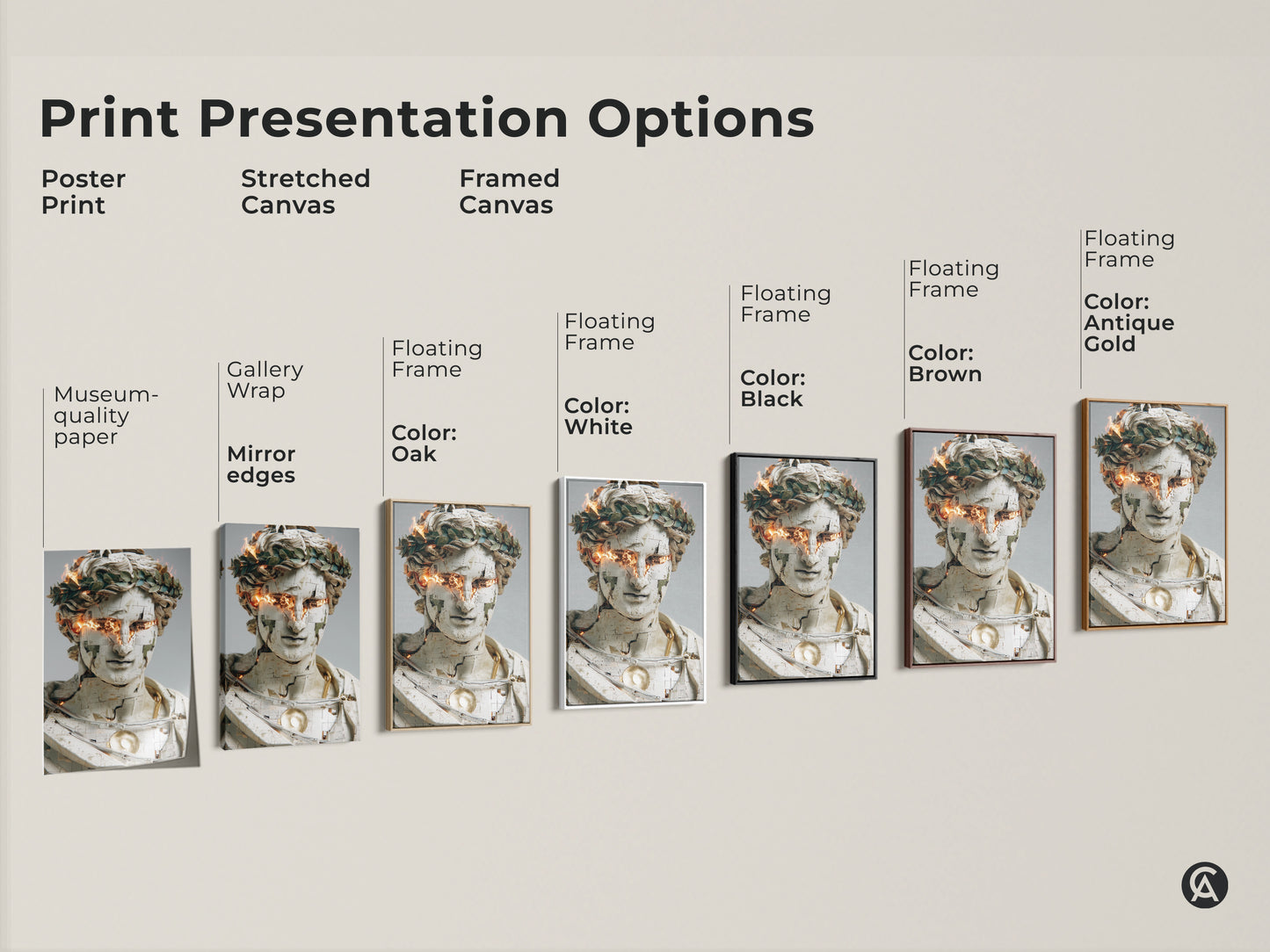 Explore print presentation options for contemporary abstract bust art. Choose from poster prints stretched canvas and framed canvas. Each features unique gold orange fire eyes. Select museum-quality paper gallery wrap or floating frame to enhance your office or study wall decor.