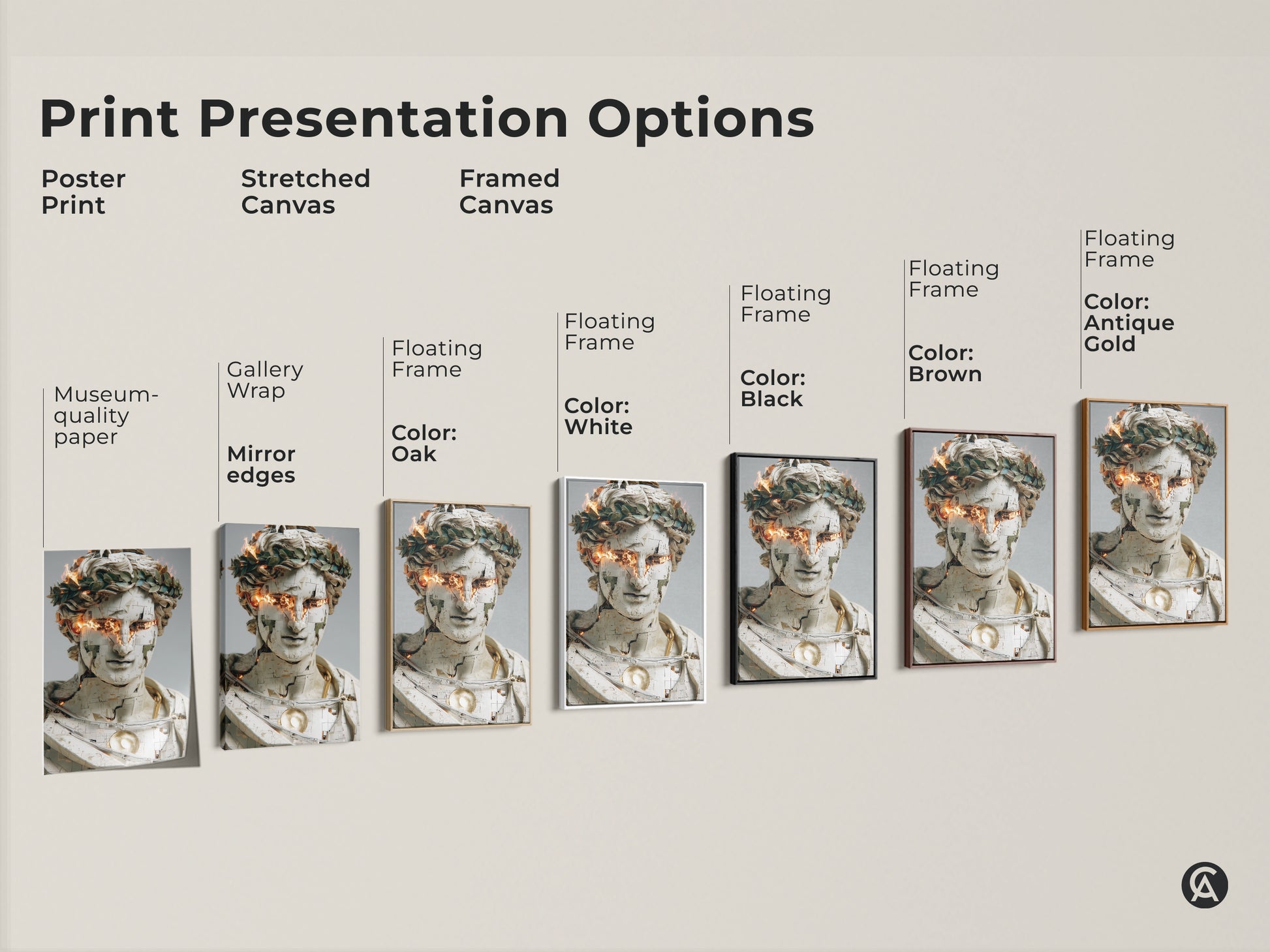 Explore print presentation options for contemporary abstract bust art. Choose from poster prints stretched canvas and framed canvas. Each features unique gold orange fire eyes. Select museum-quality paper gallery wrap or floating frame to enhance your office or study wall decor.