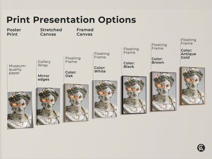 Explore print presentation options for contemporary abstract bust art. Choose from poster prints stretched canvas and framed canvas. Each features unique gold orange fire eyes. Select museum-quality paper gallery wrap or floating frame to enhance your office or study wall decor.