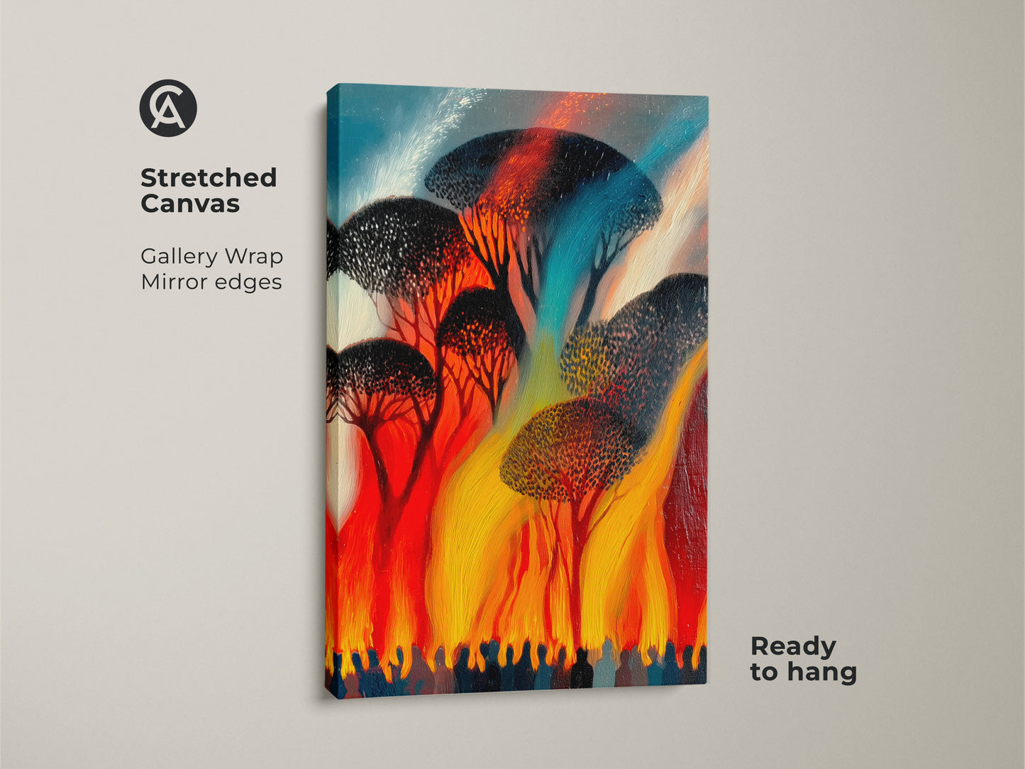 Stretched canvas of abstract trees in expressionism style ready to hang. Red orange yellow art with gallery wrap mirror edges. Vibrant wall hanging brings nature indoors.