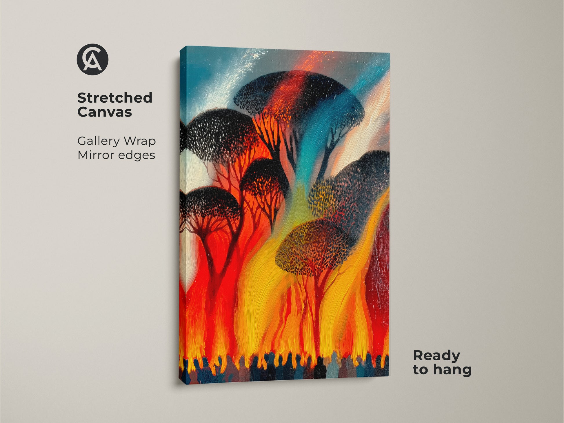 Stretched canvas of abstract trees in expressionism style ready to hang. Red orange yellow art with gallery wrap mirror edges. Vibrant wall hanging brings nature indoors.