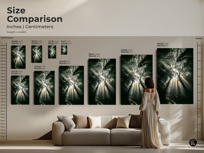 Size comparison of emerald forest artwork in inches and centimeters. The artwork is displayed above a sofa for scale. Choose from various sizes to suit your living room. Transform your space today.