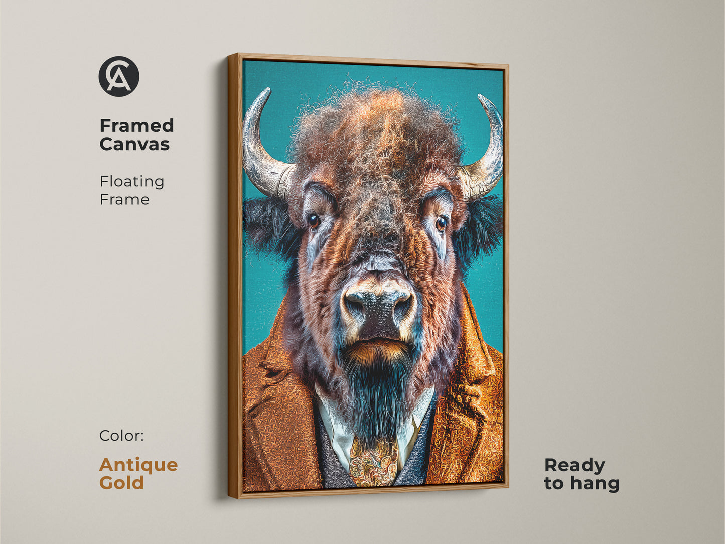 Framed canvas artwork of a buffalo in a suit with an antique gold floating frame. This animal art piece is ready to hang. It brings a touch of elegance and charm to any room. The floating frame enhances the artwork's vintage appeal.