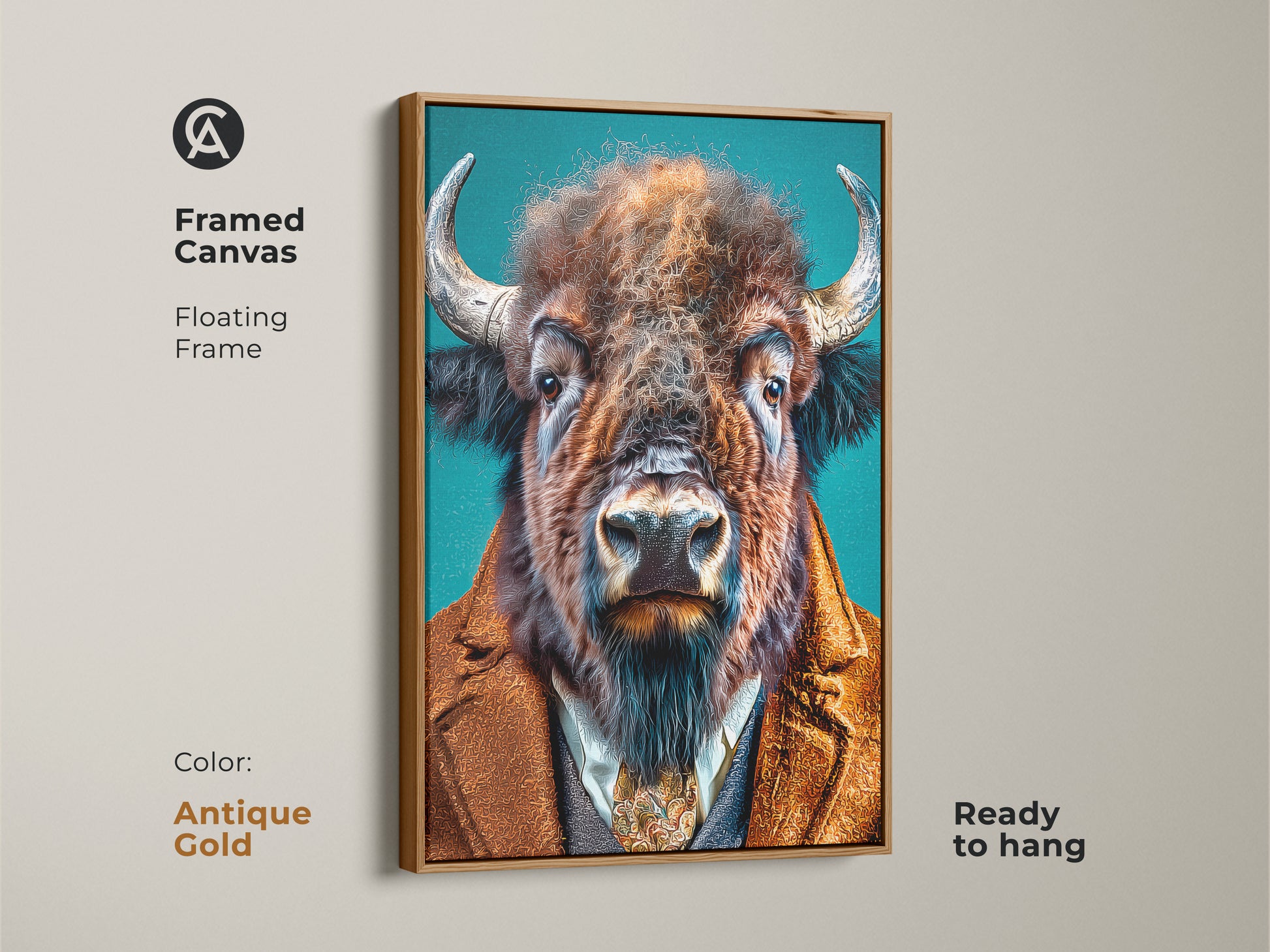 Framed canvas artwork of a buffalo in a suit with an antique gold floating frame. This animal art piece is ready to hang. It brings a touch of elegance and charm to any room. The floating frame enhances the artwork's vintage appeal.