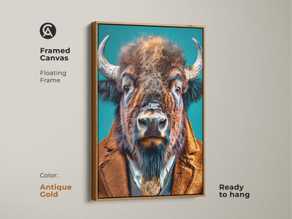 Framed canvas artwork of a buffalo in a suit with an antique gold floating frame. This animal art piece is ready to hang. It brings a touch of elegance and charm to any room. The floating frame enhances the artwork's vintage appeal.