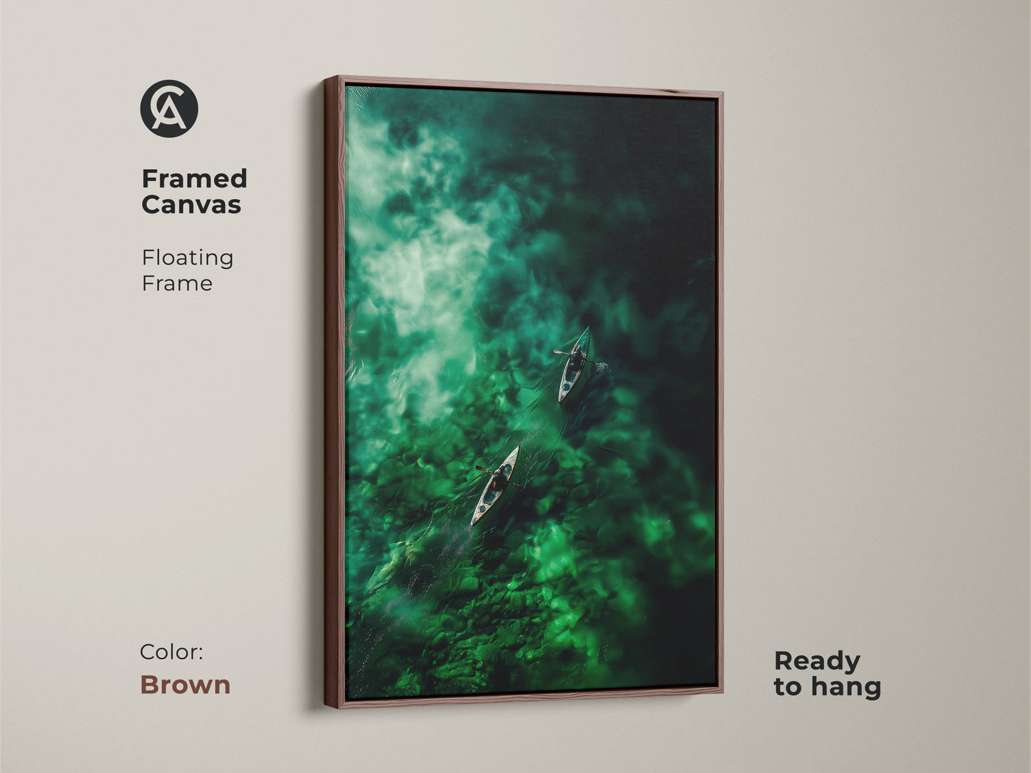 Brown framed canvas artwork displaying canoes on emerald waters. This floating frame art is ready to hang bringing nature indoors. The warm brown frame enhances the scene's natural beauty adding warmth. A perfect addition to any room seeking a touch of tranquility.