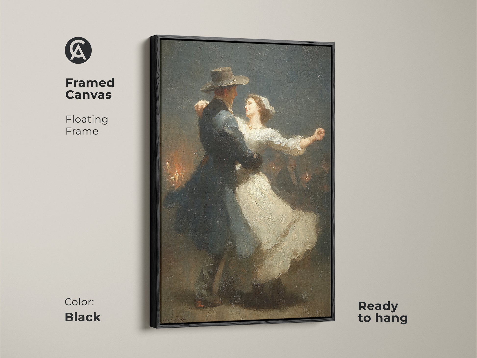 See the romantic couple dancing art in a framed canvas. The classical Victorian art has a floating black frame. This dark blue wall art is ready to hang. An ideal anniversary gift for couples. This white romance art enhances romantic home decor.