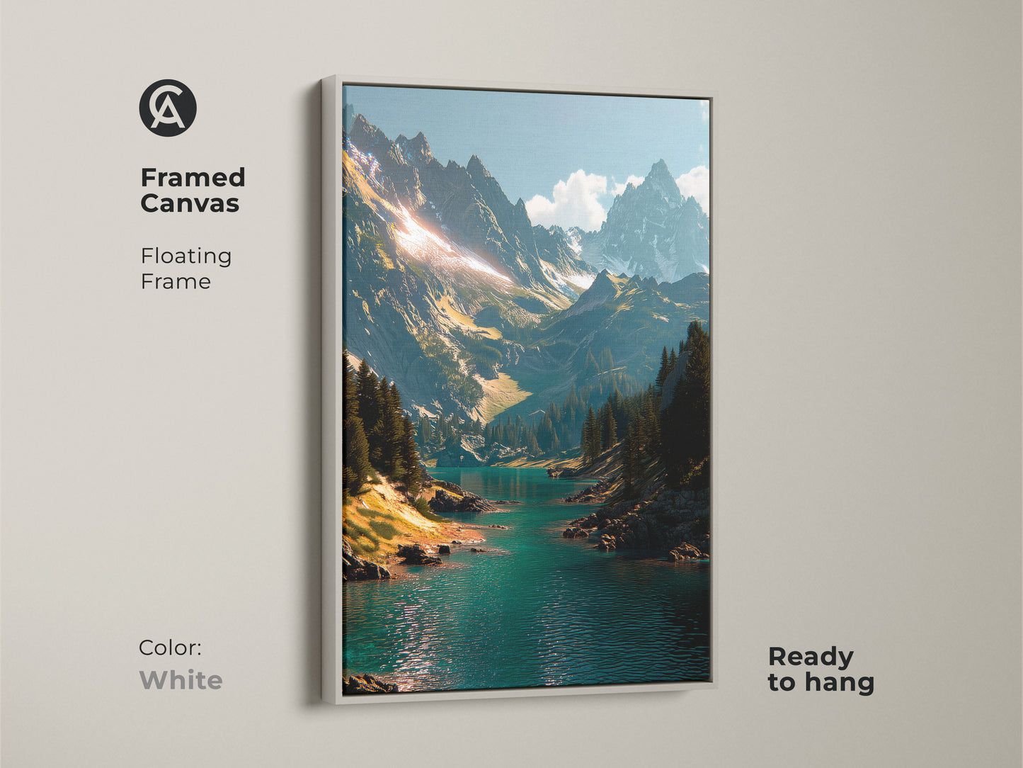 White framed canvas art of a mountain landscape. The bright white floating frame complements the beautiful turquoise lake and mountain scene. This framed art is ready to hang. Elevate your home decor!