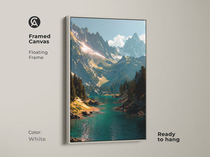 White framed canvas art of a mountain landscape. The bright white floating frame complements the beautiful turquoise lake and mountain scene. This framed art is ready to hang. Elevate your home decor!