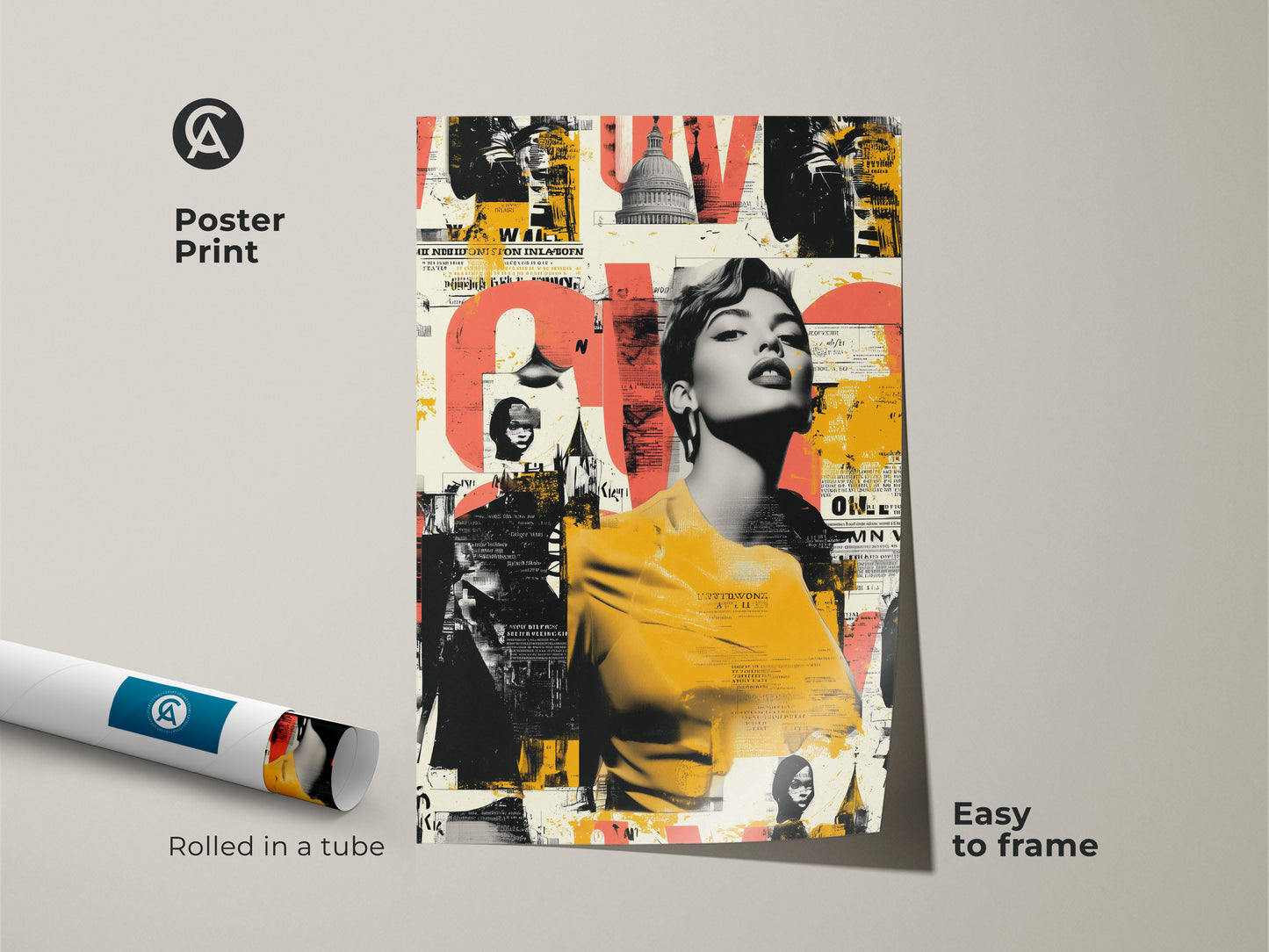 Poster print featuring a retro woman portrait layered with urban collage art. The artwork includes the Capitol Building and vintage text. Rolled in a tube for easy framing. This colorful eclectic wall artwork makes a bold statement. Perfect as a unique art print gift.