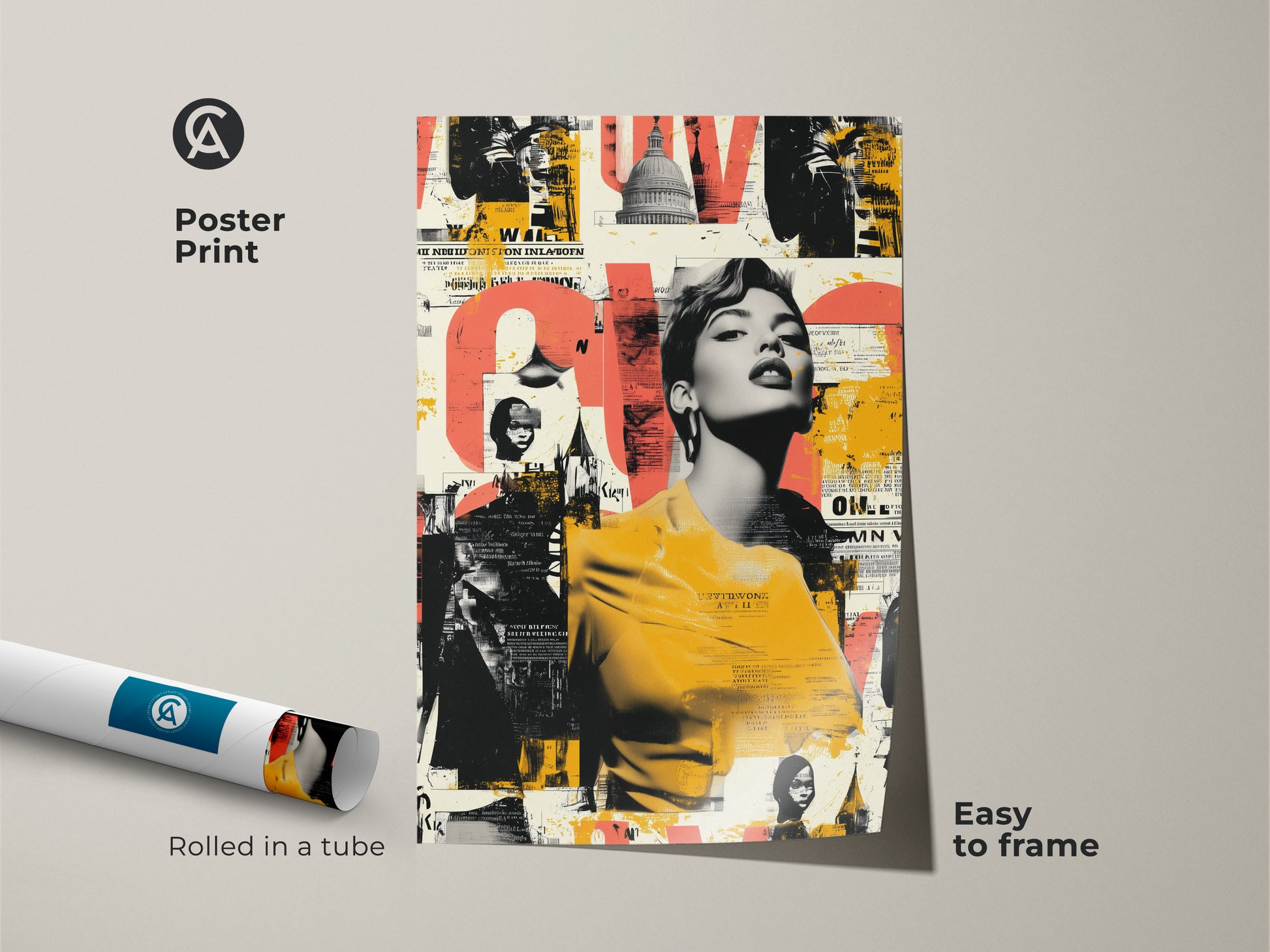 Poster print featuring a retro woman portrait layered with urban collage art. The artwork includes the Capitol Building and vintage text. Rolled in a tube for easy framing. This colorful eclectic wall artwork makes a bold statement. Perfect as a unique art print gift.
