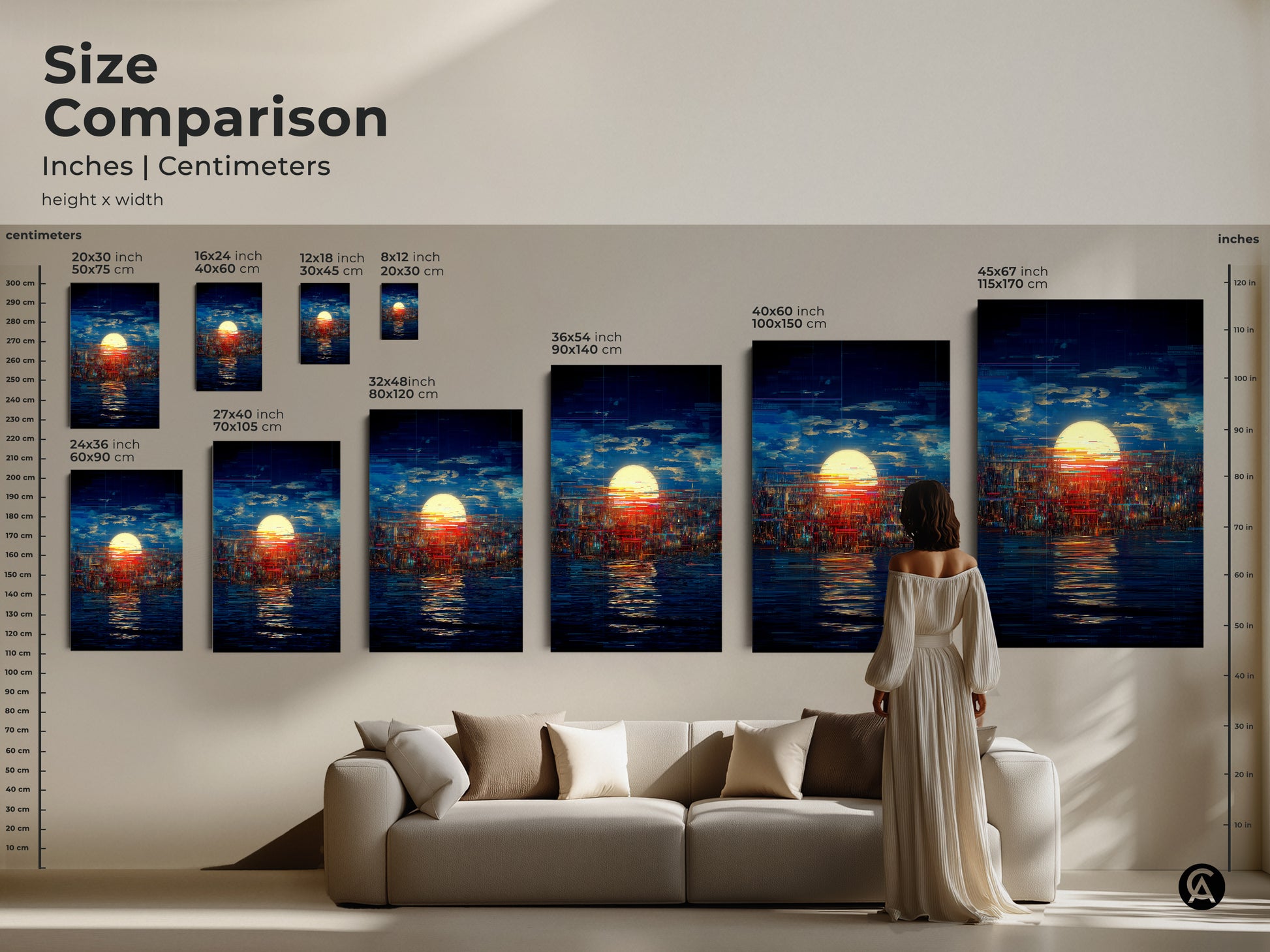 Size comparison of abstract art prints. Inches and centimeters are displayed for canvas and poster sizes.  The cityscape art is shown in various dimensions. Find the perfect fit.
