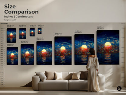 Size comparison of abstract art prints. Inches and centimeters are displayed for canvas and poster sizes.  The cityscape art is shown in various dimensions. Find the perfect fit.