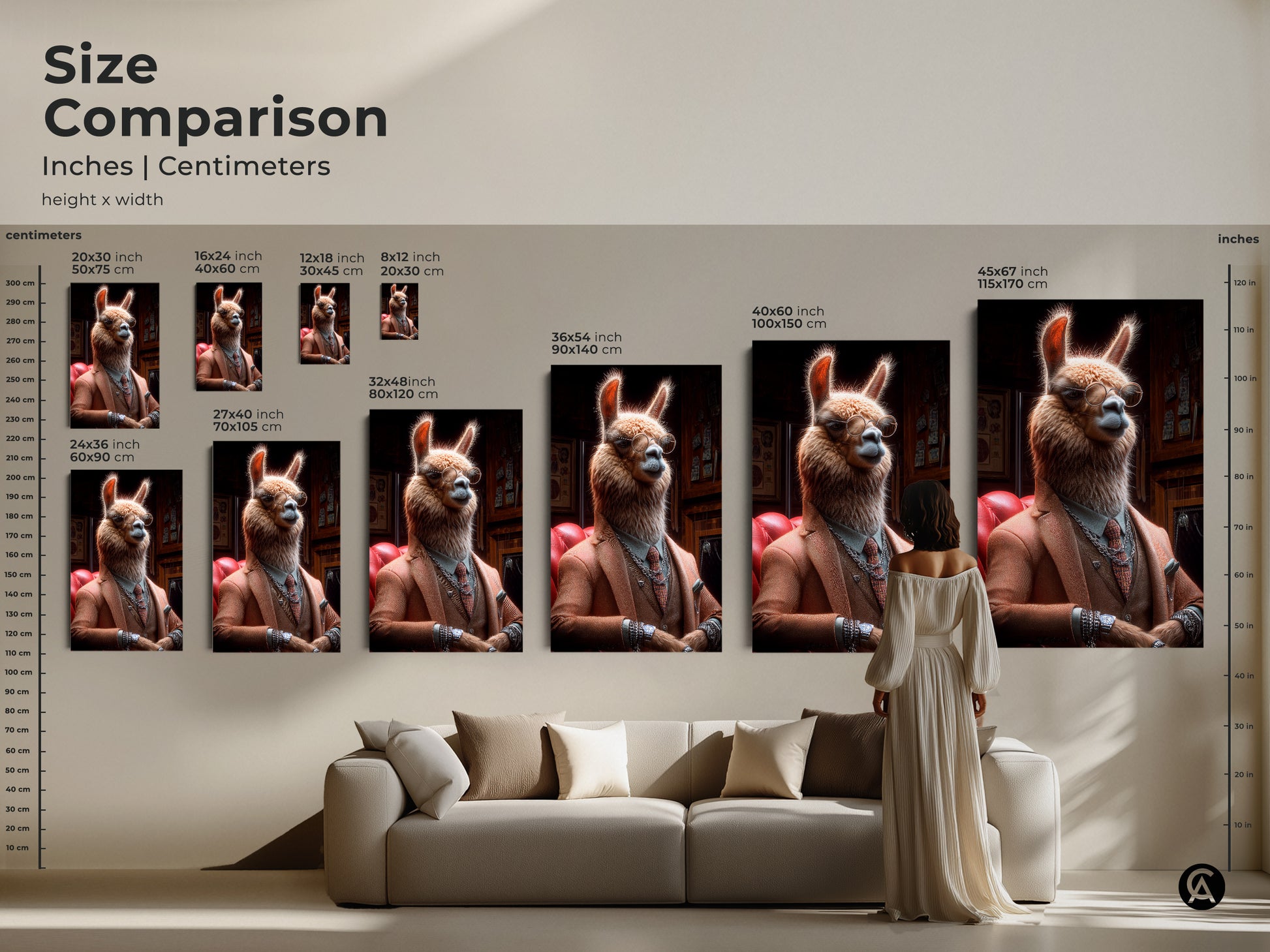 Size comparison of llama artwork in a living room setting. Inches and centimeters shown. Canvas and poster prints. Visualizes art sizes relative to furniture. It helps choose the perfect scale for your animal themed decor.