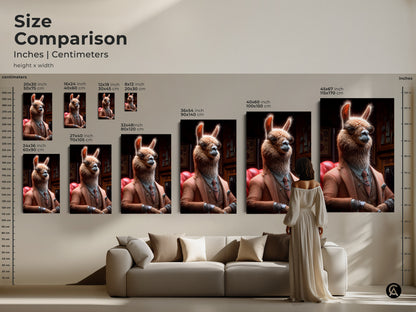 Size comparison of llama artwork in a living room setting. Inches and centimeters shown. Canvas and poster prints. Visualizes art sizes relative to furniture. It helps choose the perfect scale for your animal themed decor.
