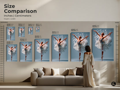 Size comparison of ballerina art prints in inches and centimeters. See how different sizes fit above a sofa. Choose from various dimensions to suit your space. Elevate your home decor with exquisite art.