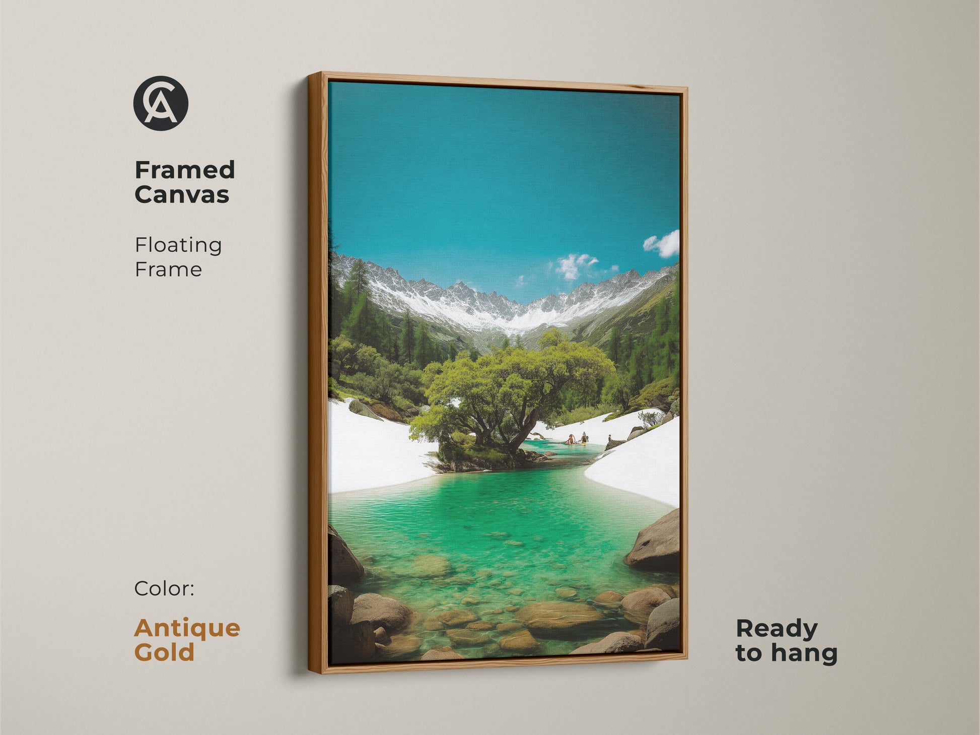 A framed canvas art print featuring a turquoise lake and snowy mountains. Antique gold floating frame adds a vintage touch. The realistic nature artwork is ready to hang. A great gift idea.