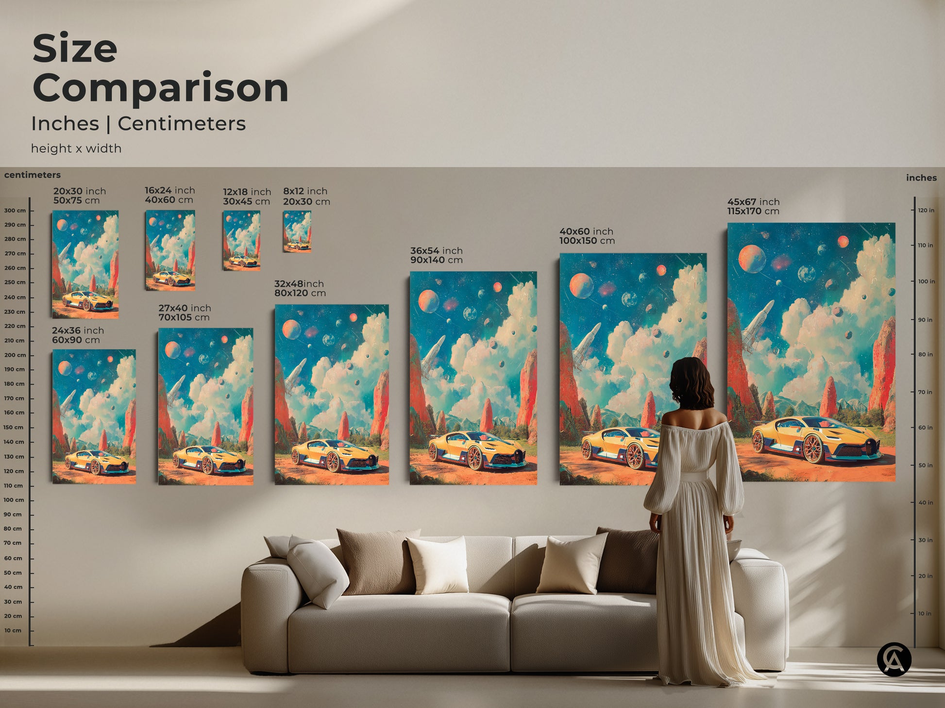 This canvas print displays a yellow sports car in a surreal retro-futuristic space landscape. Ideal for game room decor and office artwork. It makes a unique gift for car enthusiasts. This art piece combines Sci-Fi and Automotive themes with Surrealism.