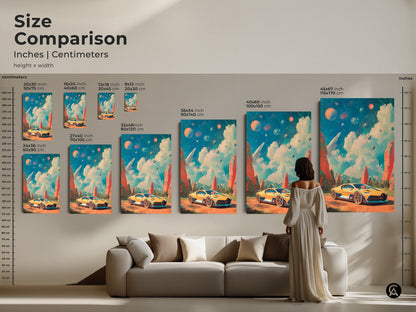 This canvas print displays a yellow sports car in a surreal retro-futuristic space landscape. Ideal for game room decor and office artwork. It makes a unique gift for car enthusiasts. This art piece combines Sci-Fi and Automotive themes with Surrealism.