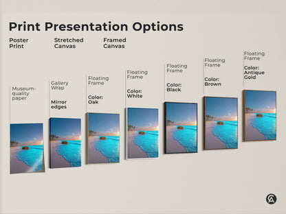 Print Presentation Options. Poster Print and Stretched Canvas options are available. Framed Canvas options include Black Brown Oak White and Antique Gold floating frames. Choose your Coastal artwork today.